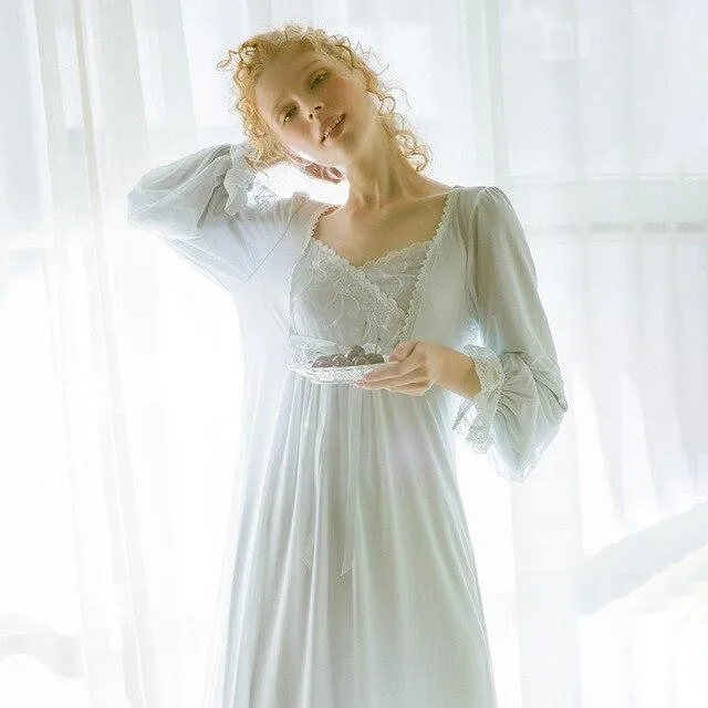 2019 New Woman Pajamas Ice Long Sleeve Nighty Sleepwear Vintage Lace Nightgown Women Nightwear light blue pink