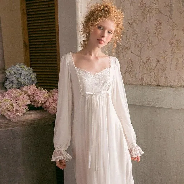 2019 New Woman Pajamas Ice Long Sleeve Nighty Sleepwear Vintage Lace Nightgown Women Nightwear light blue pink