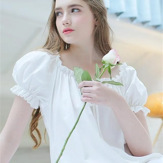 2019 Women Fashion Sleepwear Lantern Sleeve Bow Solid White Cotton Brief Style Vintage Night Dress Long Nightgown Negligee T96