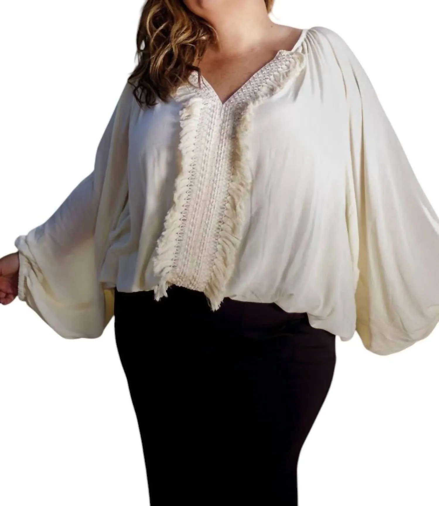 Adriana Contreras - Blouse With Fringes On The Neckline - Plus