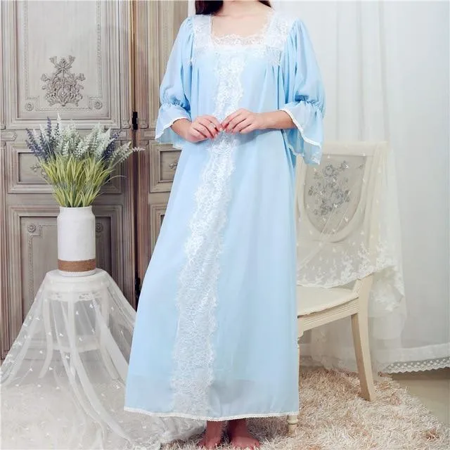 Blue Cotton Sleepwear Women Long Robe Dress Vintage Nightgowns Autumn Night Wear Home Dress Plus Size Homewear Loungewear T316