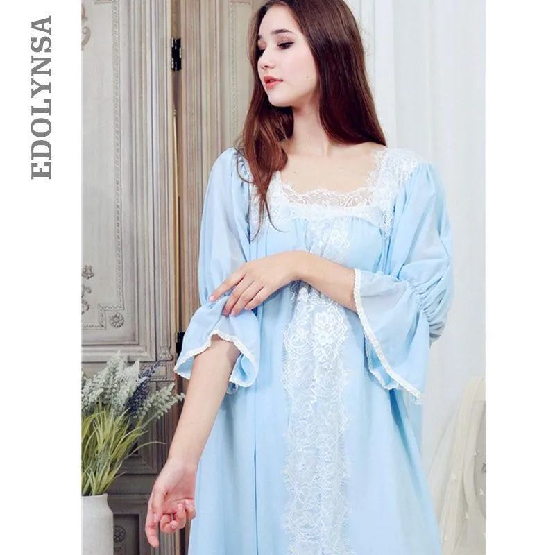 Blue Cotton Sleepwear Women Long Robe Dress Vintage Nightgowns Autumn Night Wear Home Dress Plus Size Homewear Loungewear T316