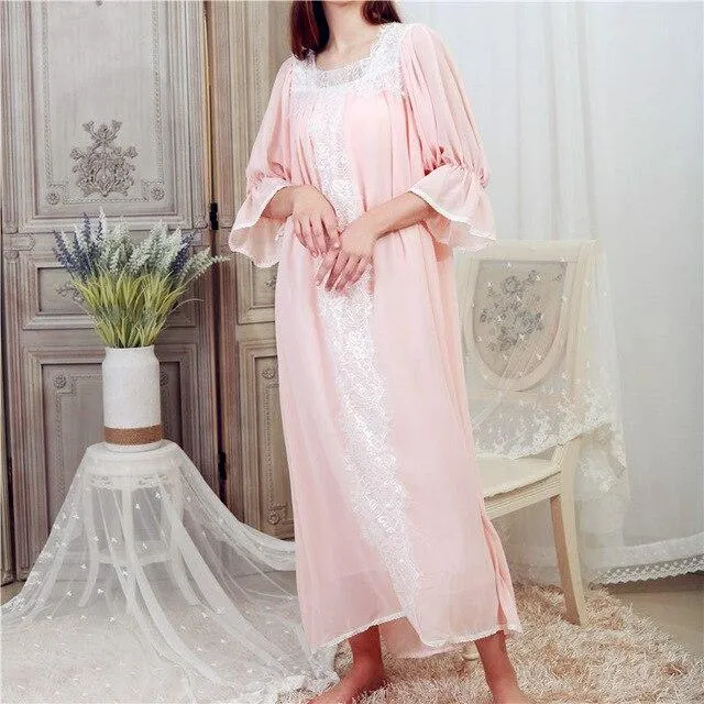 Blue Cotton Sleepwear Women Long Robe Dress Vintage Nightgowns Autumn Night Wear Home Dress Plus Size Homewear Loungewear T316