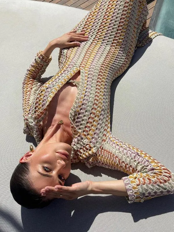Bohemian Elegance Hollow V-neck Maxi Dress with Playful Slit for Women