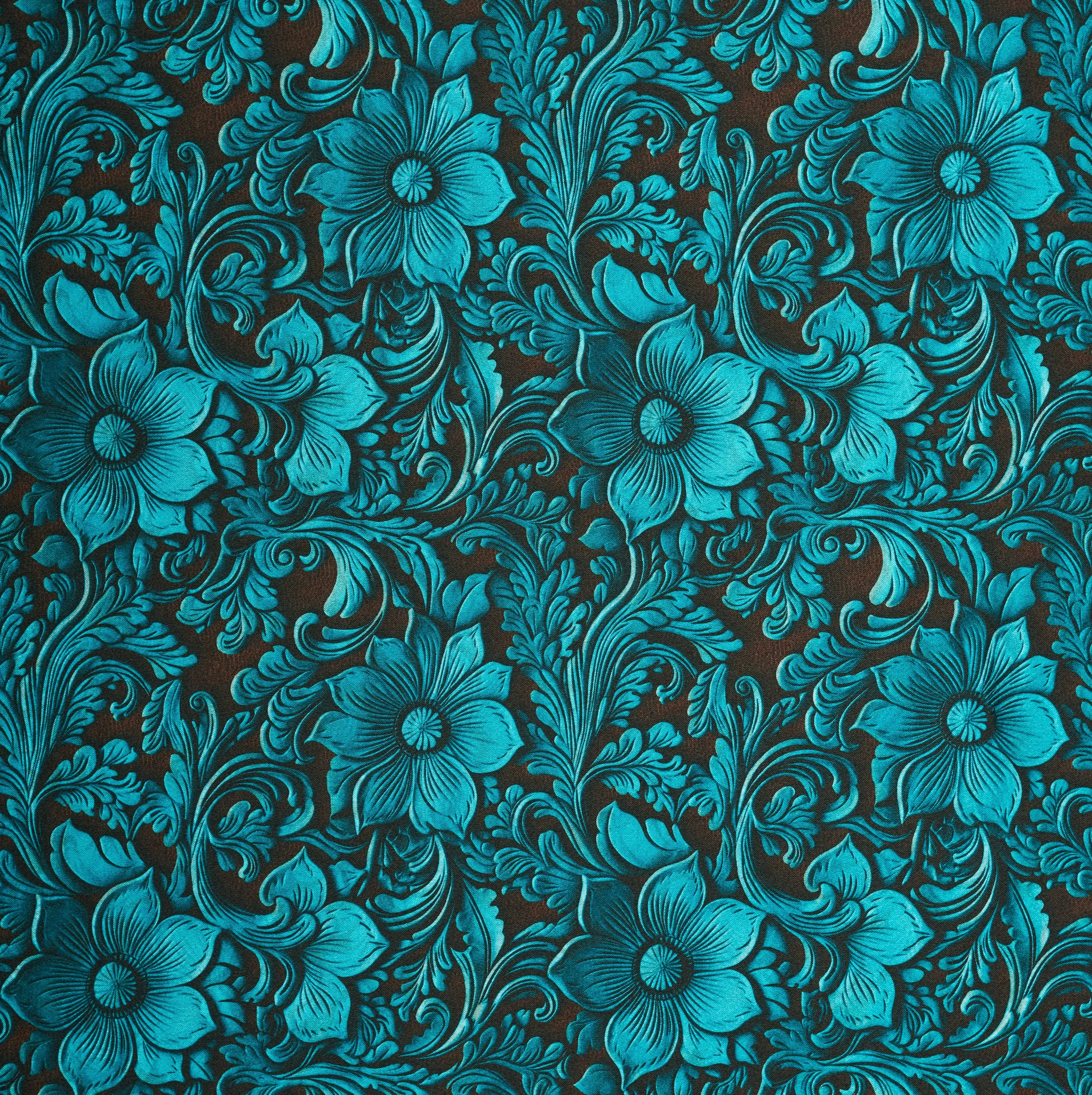 Charmeuse Satin  fabric by the yard -    Turquoise and brown tooled  print
