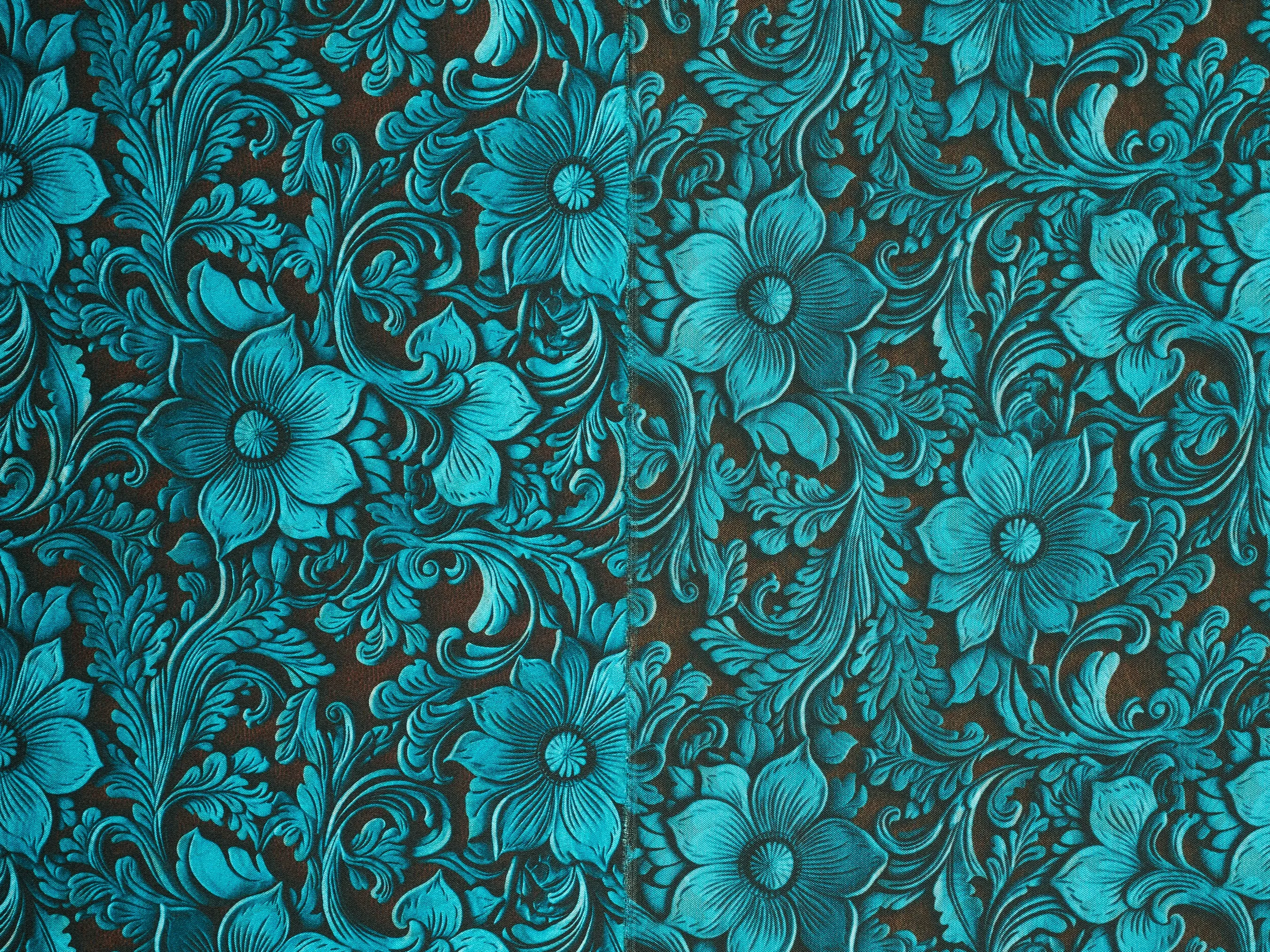 Charmeuse Satin  fabric by the yard -    Turquoise and brown tooled  print
