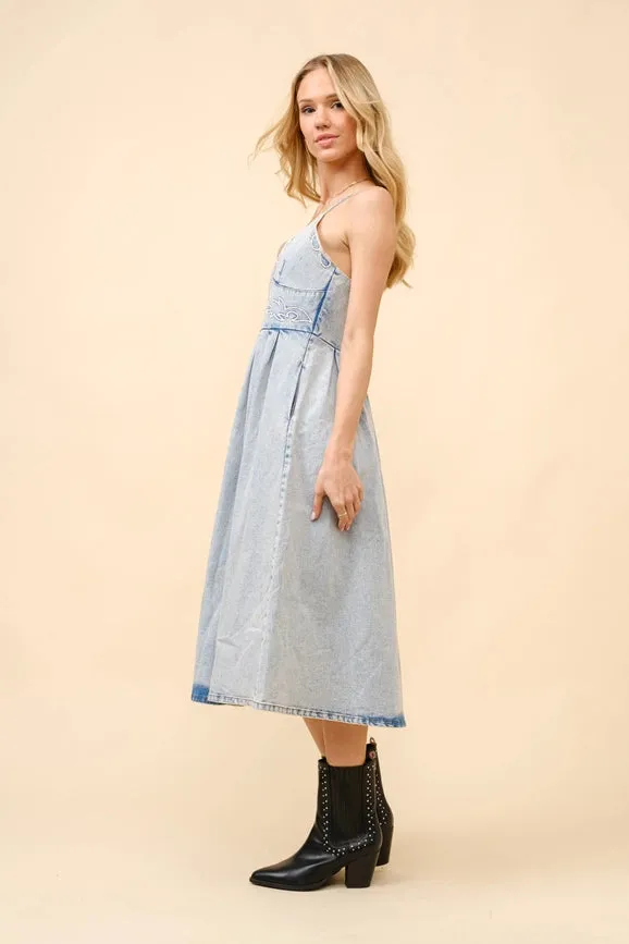 Embroidered Denim Midi Dress