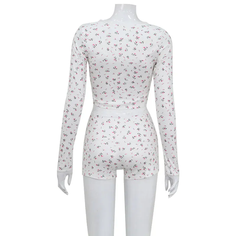 Floral Print Low-cut Round Neck Long-sleeved Top Shorts Loungewear