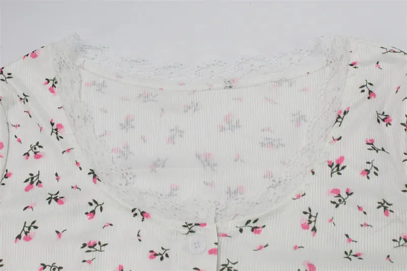 Floral Print Low-cut Round Neck Long-sleeved Top Shorts Loungewear