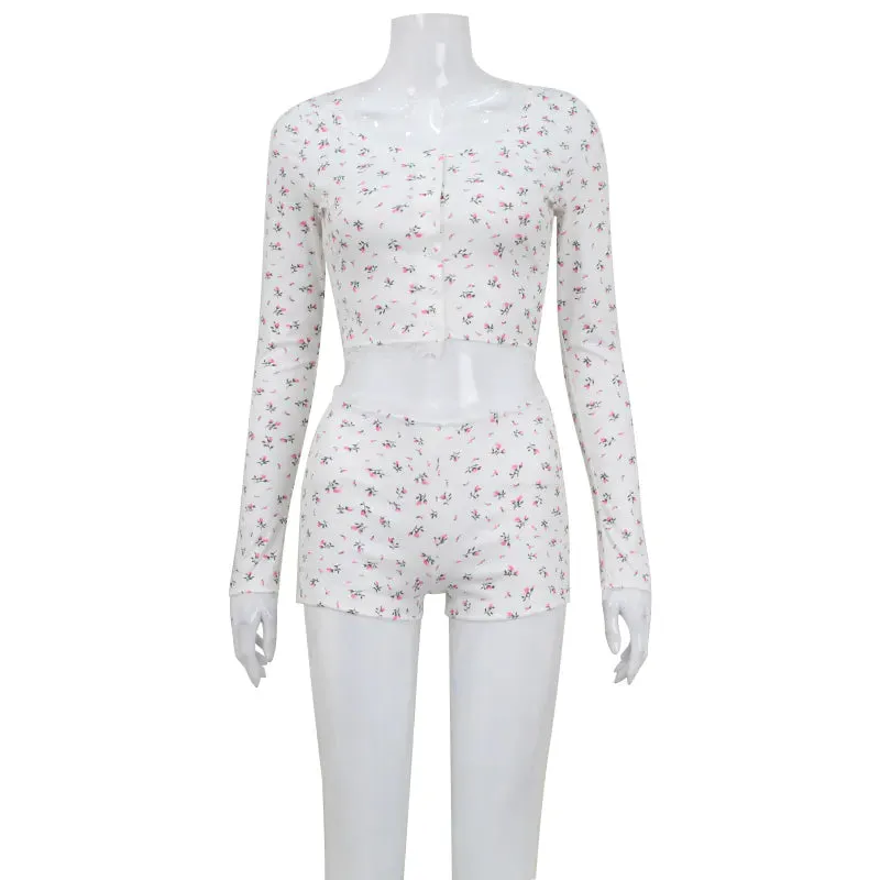 Floral Print Low-cut Round Neck Long-sleeved Top Shorts Loungewear
