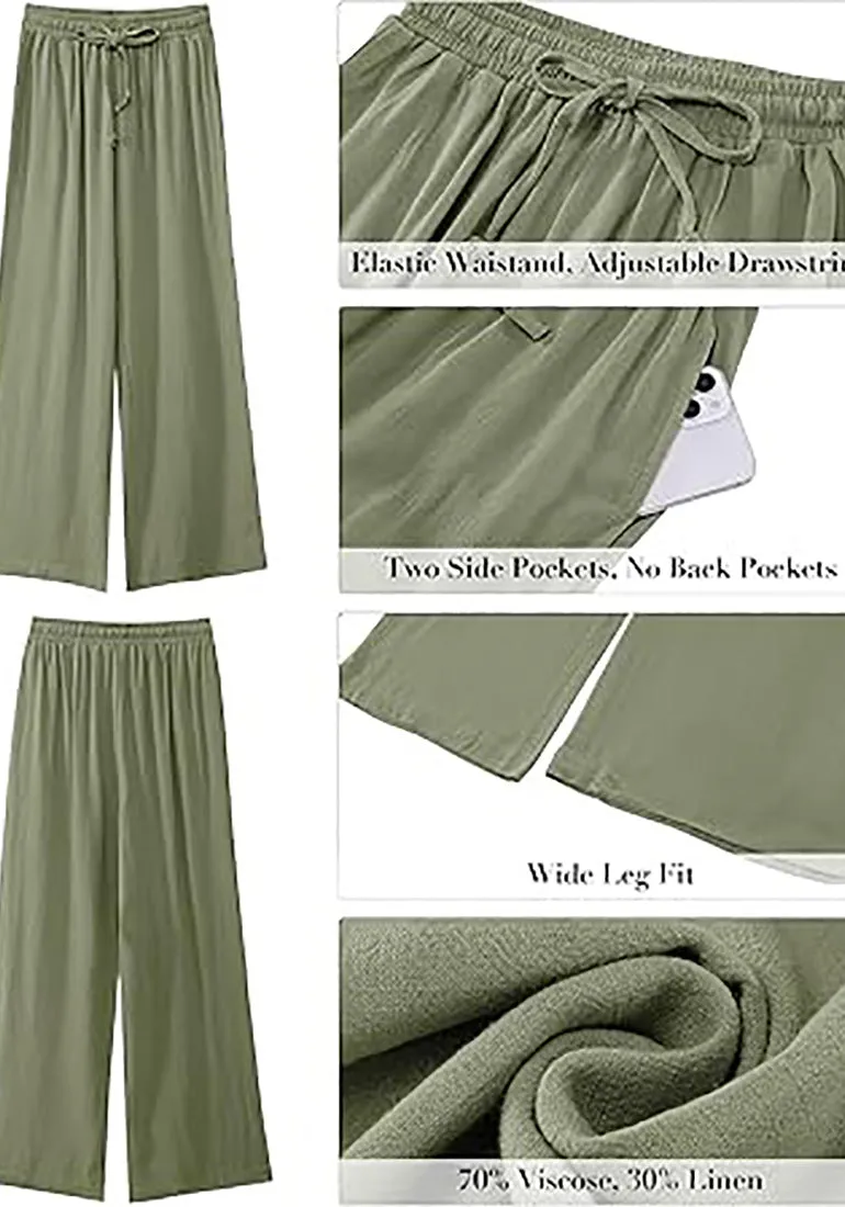 Grapent Relaxed Fit High Waisted Elastic Waist Wide Leg Drawstring Pocket Pant