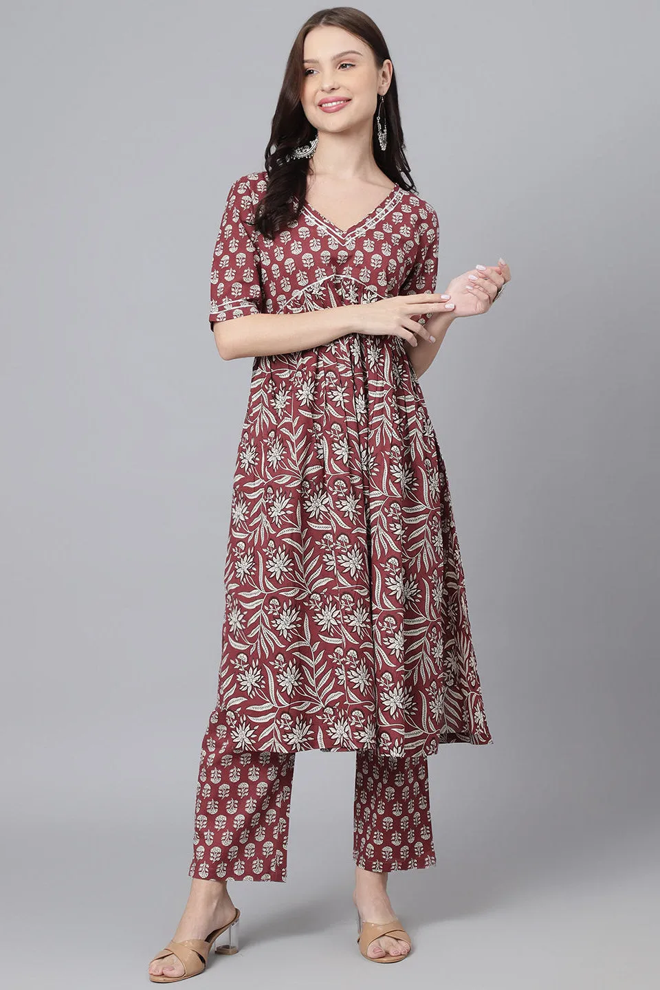 Maroon Floral Aline Kurta Pant Set