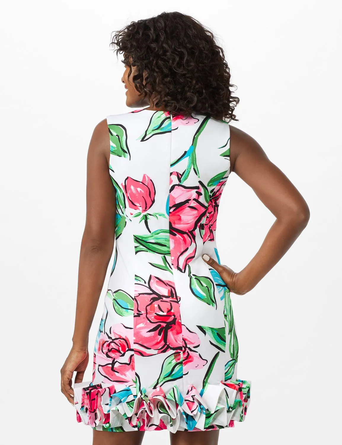 V-Neck Large Floral Sheath Dress with Ruffle Hem