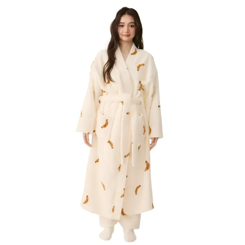Women's Winter Plush Kimono Robe – Coral Fleece Long Bathrobe & Sleepwear