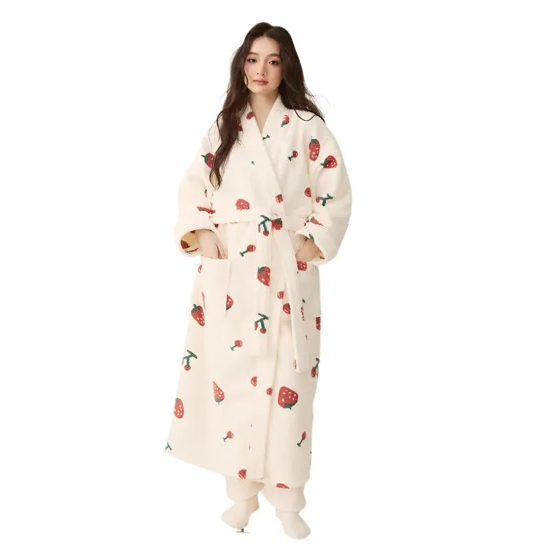 Women's Winter Plush Kimono Robe – Coral Fleece Long Bathrobe & Sleepwear