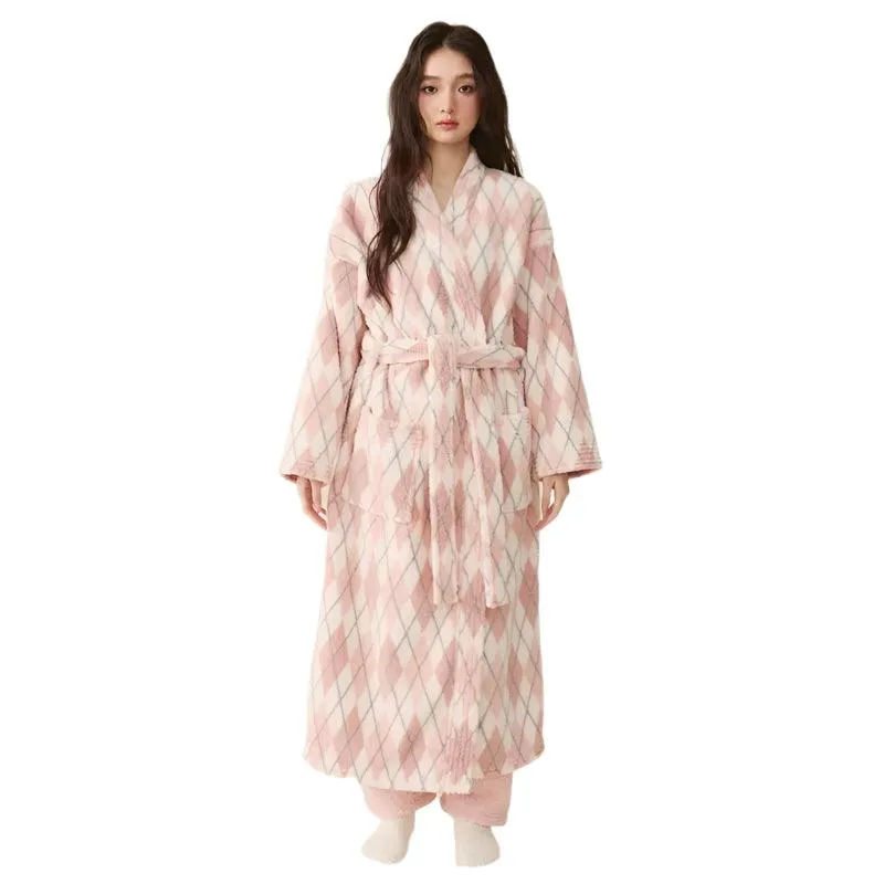 Women's Winter Plush Kimono Robe – Coral Fleece Long Bathrobe & Sleepwear