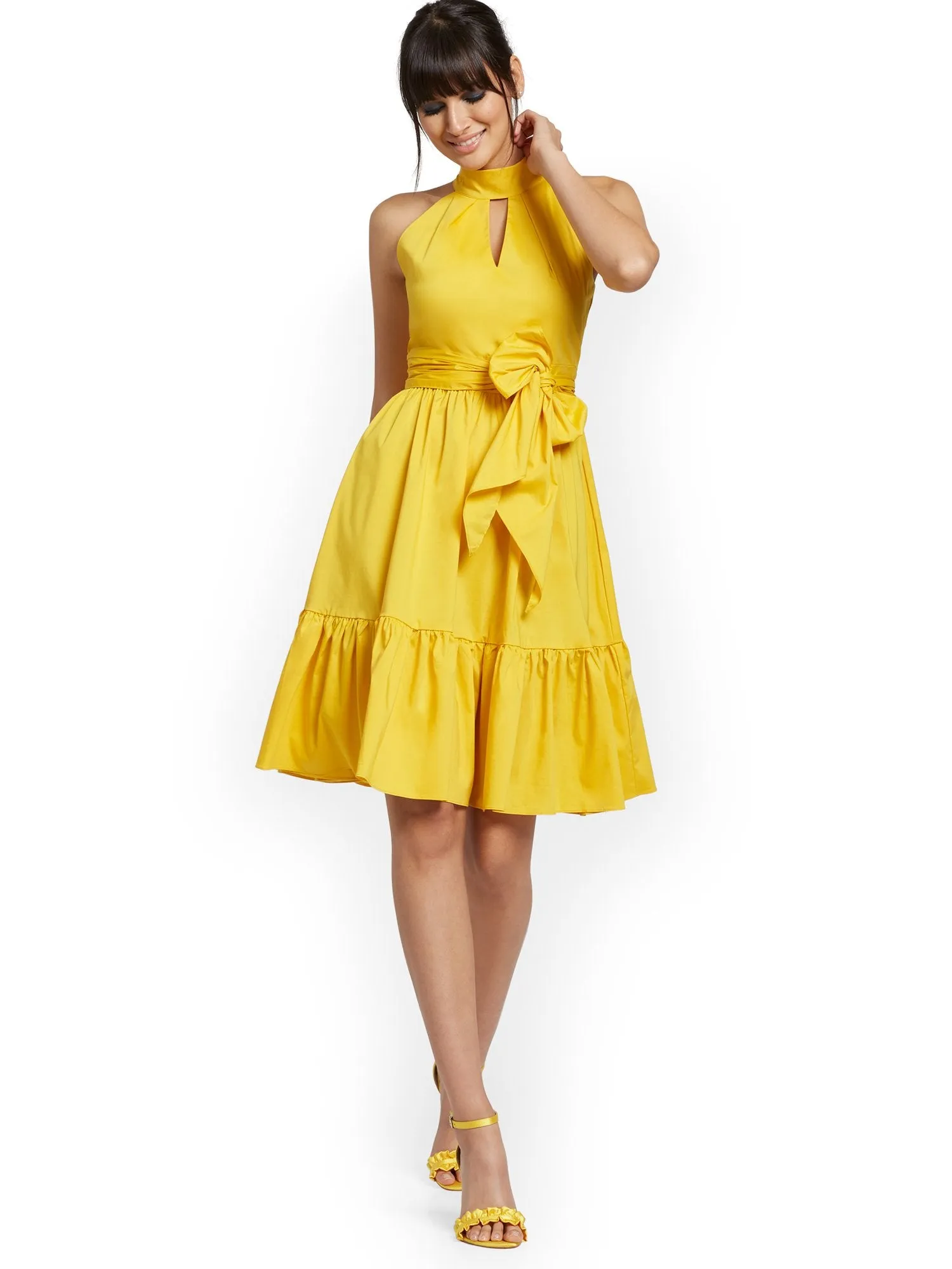 Yellow Bow-Neck Halter Dress